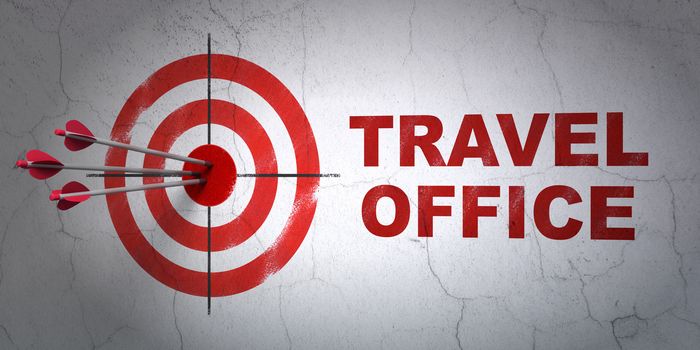 Success vacation concept: arrows hitting the center of target, Red Travel Office on wall background