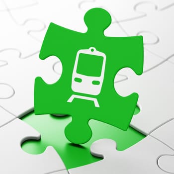 Tourism concept: Train on Green puzzle pieces background, 3d render