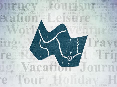 Travel concept: Painted blue Map icon on Digital Paper background with  Tag Cloud