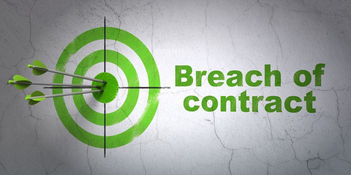 Success law concept: arrows hitting the center of target, Green Breach Of Contract on wall background