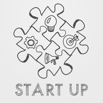 start up and business concept signs in puzzle pieces - text and idea, goal, advertise symbols in black white hand-drawn style, business building concept