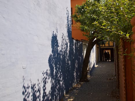 Typical small beautiful street with old traditional Danish style houses Faaborg Denmark   