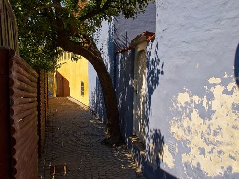 Typical small beautiful street with old traditional Danish style houses Faaborg Denmark