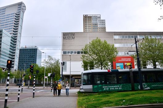 Rotterdam, Netherlands - May 9, 2015: People around maritime museum in Rotterdam, the Netherlands. Dedicated to naval history, it was founded in 1873.