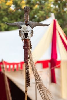 SALIR, PORTUGAL - 11 JULY: People, street performers, artists, mood and color on the Salir do Tempo medieval festival held on Salir, Portugal in July 2015.