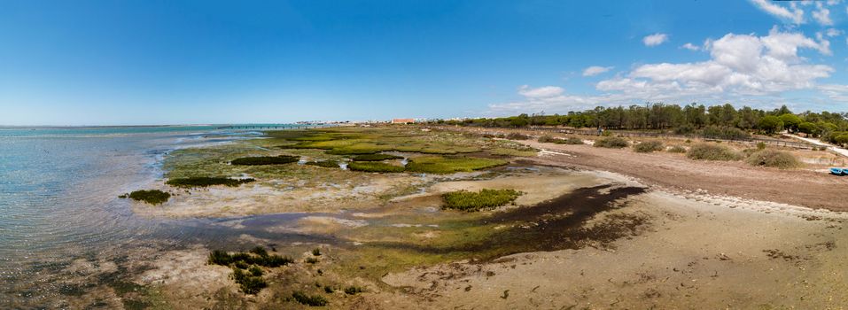 Wide view of the Ria Formosa marshlands located in the Algarve, Portugal.