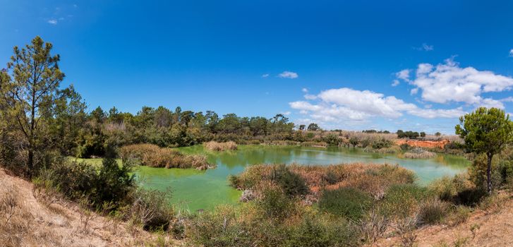 Wide view of a lake for birdwatching in the Ria Formosa marshlands, Portugal.