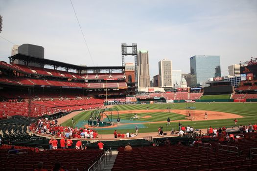 Fans gather for a late season Cardinals game at Busch Stadium.
