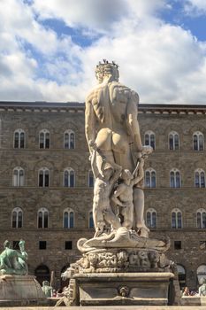 View of famous square of Florence, Piazza Della Signoria with historical big sculptures around.