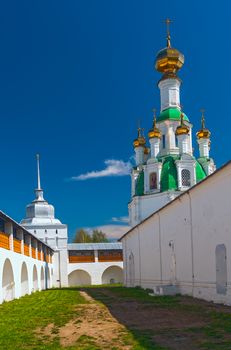Courtyard white orthodox monastery in a sunny day