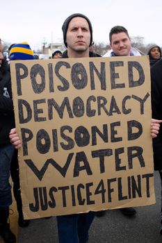 USA, Flint: Residents of Flint, Michigan march to the city's water treatment plant, chanting, No pipes, no peace, demanding swift restoration of drinkable water on February 19, 2016. Reverend Jesse Jackson and the Rainbow PUSH Coalition led the march.