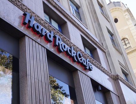 BARCELONA, SPAIN - OCTOBER 07, 2015: Famous Hard Rock Cafe at Catalonia Square in Barcelona, Spain 