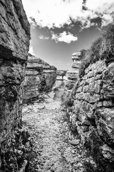 Trench dug in the rock dating back to World War I located on the Italian alps.