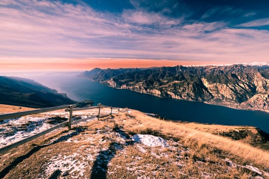 Panorama of Lake Garda (Italy) seen from the top of Mount Baldo.