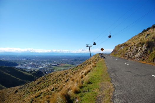 Cable railway over road turns right town view, Christchurch, Canterbury Region, South Island, New Zealand