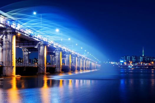 Rainbow fountain show at Banpo Bridge in Seoul, South Korea.