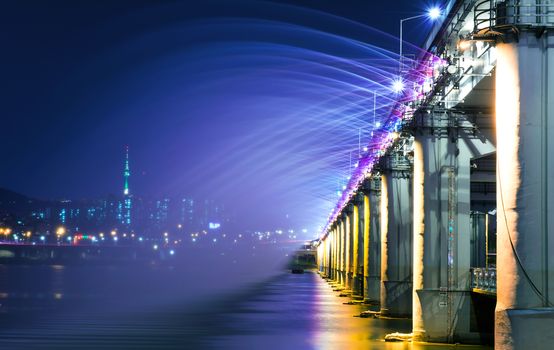 Rainbow fountain show at Banpo Bridge in Seoul, South Korea.