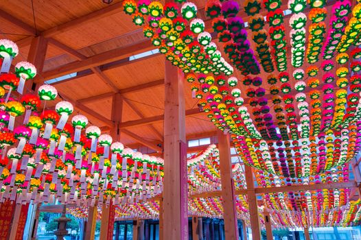SEOUL, SOUTH KOREA - MAY 9 : Bongeunsa Temple with hanging lanterns for celebrating the Buddha's birthday on May. Photo taken on may 9,2015 in seoul,South Korea.