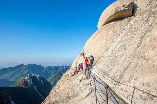 SEOUL, SOUTH KOREA - SEP 27: Climbers and Tourists on Bukhansan mountain. Photo taken on Sep 27, 2015 in Seoul, South Korea.