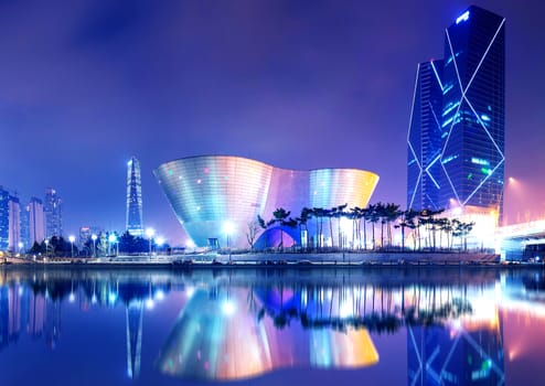 Reflection cityscape at night,korea