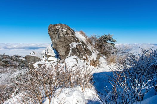 Deogyusan mountains is covered by morning fog in winter, Korea.