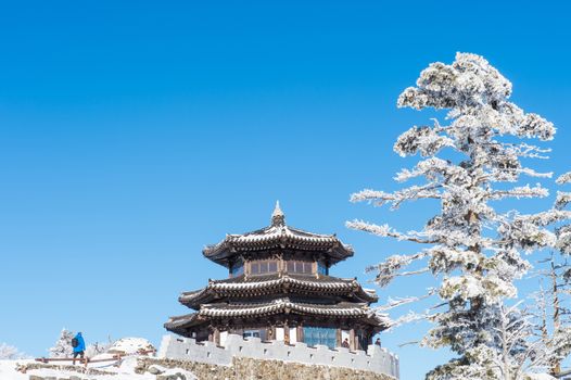 DEOGYUSAN,KOREA - JANUARY 23: Tourists taking photos of the beautiful scenery around Deogyusan,South Korea on January 23, 2015.