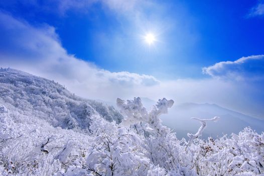 Deogyusan mountains is covered by snow and morning fog in winter, South Korea.