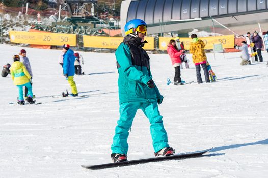 DEOGYUSAN,KOREA - JANUARY 1: Skier skiing on Deogyusan Ski Resort in winter,South Korea on January 1, 2016.