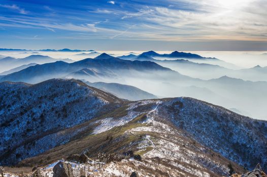 Winter landscape and foggy in Deogyusan mountains, South Korea.