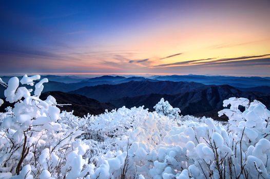 Sunrise on Deogyusan mountains covered with snow in winter,South Korea.