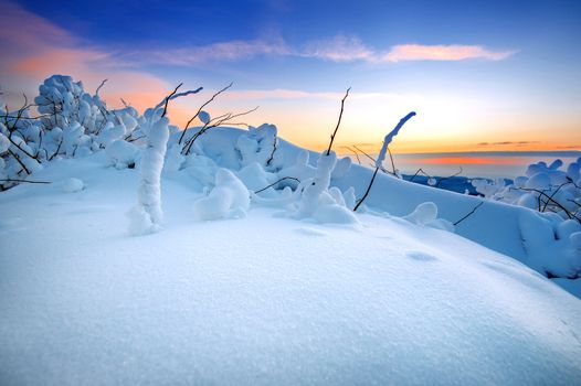 Sunrise on Deogyusan mountains covered with snow in winter,South Korea.