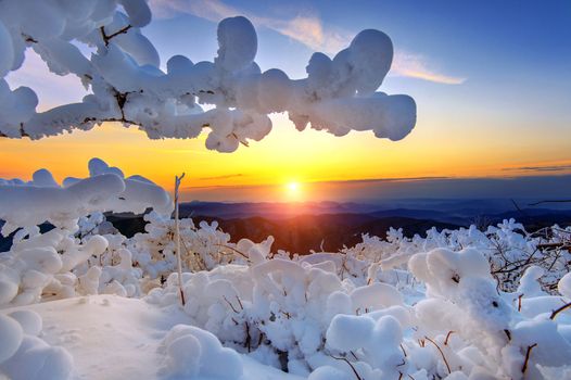 Sunrise on Deogyusan mountains covered with snow in winter,South Korea.