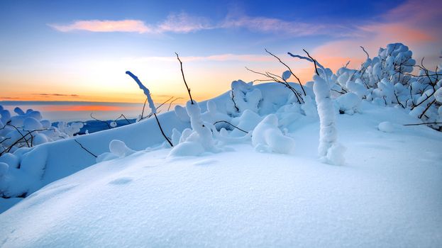 Sunrise on Deogyusan mountains covered with snow in winter,South Korea.