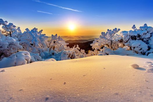 Sunrise on Deogyusan mountains covered with snow in winter,South Korea.