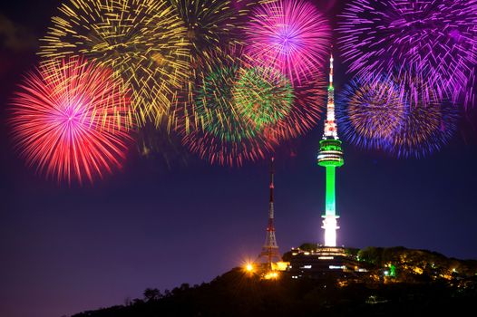 Seoul tower and firework in korea.