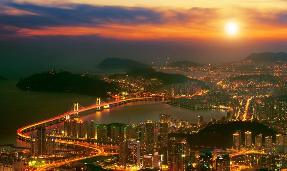 GwangAn Bridge and Haeundae at sunset in Busan,Korea