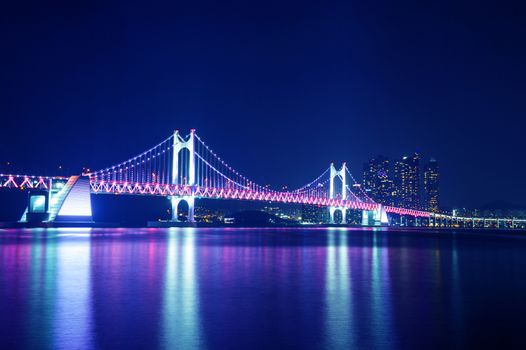 Gwangan Bridge at night in Busan, South Korea.