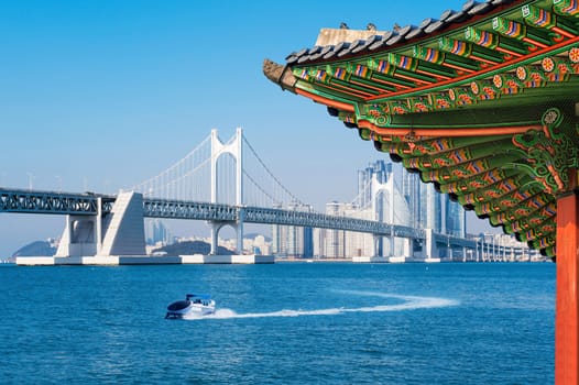 View of Gyeongbokgung roof.Gwangan bridge and Haeundae in Busan,Korea