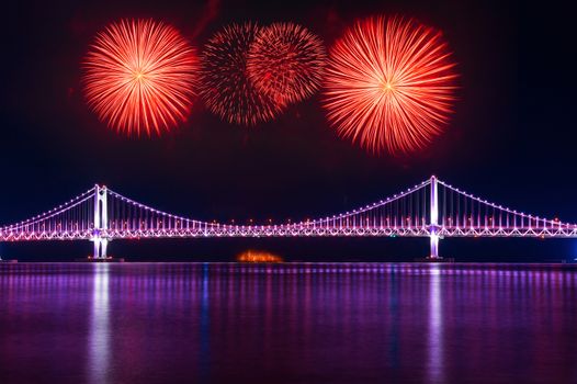 Gwangan Bridge at night in Busan, South Korea.