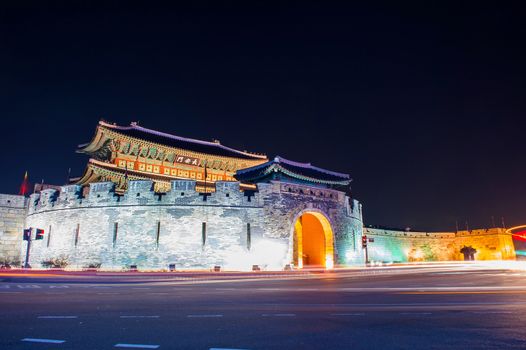 Hwaseong fortress at night in Suwon,Korea