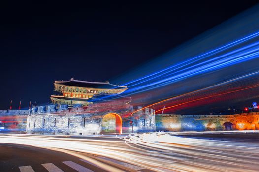 Hwaseong fortress and car light at ninht in Suwon,Korea