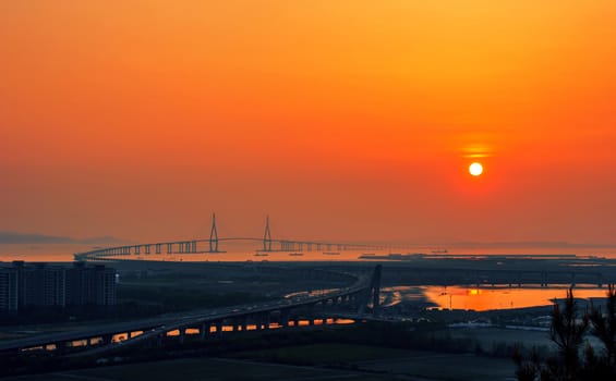 incheon bridge at sunset in korea