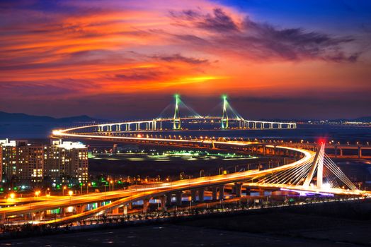 incheon bridge with sunset in korea.