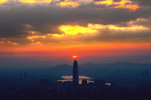 Sunset and beautiful sky at Lotte world mall in Seoul,South Korea.The best view of South Korea at Namhansanseong Fortress.