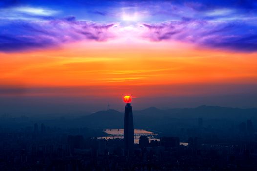 Sunset and beautiful sky at Lotte world mall in Seoul,South Korea.The best view of South Korea at Namhansanseong Fortress.