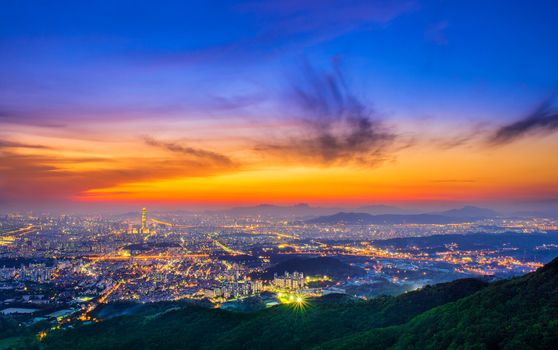 South Korea skyline of Seoul, The best view of South Korea with Lotte world mall at Namhansanseong Fortress.