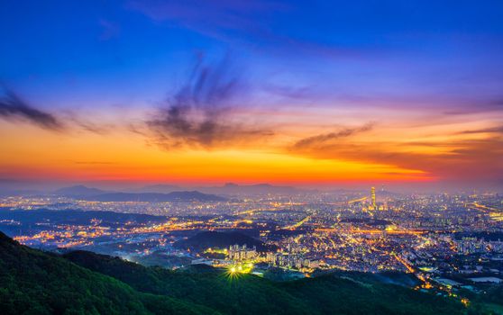 South Korea skyline of Seoul, The best view of South Korea with Lotte world mall at Namhansanseong Fortress.