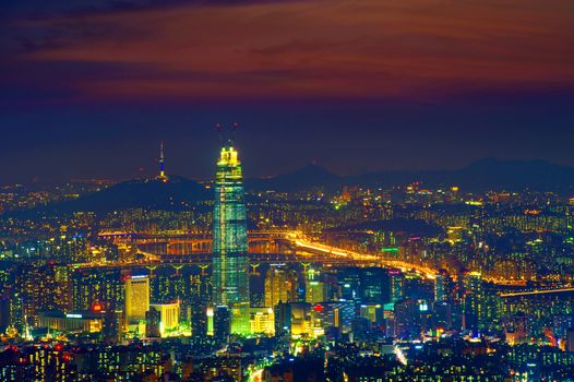 South Korea skyline of Seoul, The best view of South Korea with Lotte world mall at Namhansanseong Fortress.