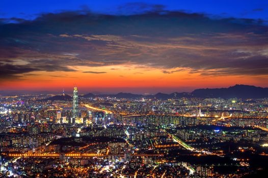 South Korea skyline of Seoul, The best view of South Korea with Lotte world mall at Namhansanseong Fortress.