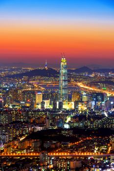 South Korea skyline of Seoul, The best view of South Korea with Lotte world mall at Namhansanseong Fortress.